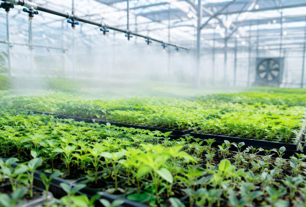 Seedlings in propagation trays under greenhouse misting